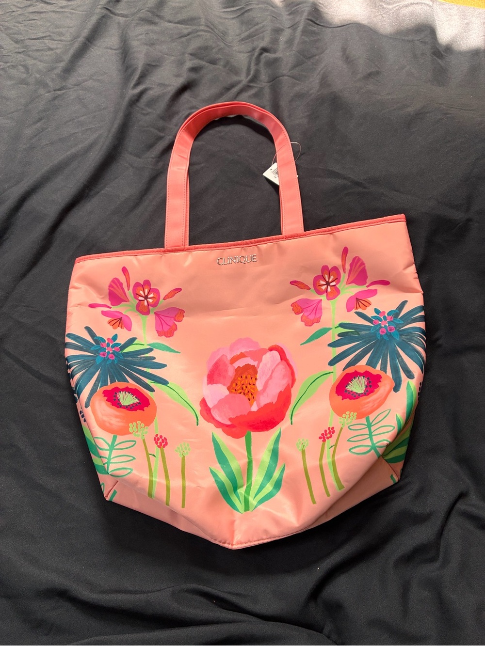 Clinique Pink Floral Cosmetic Tote with Multicolor Blooms